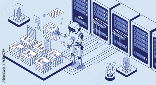 Advanced humanoid robot efficiently organizing large stacks of documents and digital data within a high tech computer server room.