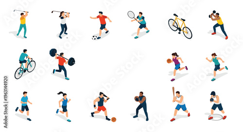 Large collection of diverse athletes and people performing various sports including golf, soccer, cycling, tennis, and lifting.