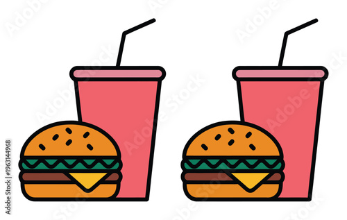 Two cartoon burgers and drinks, simple flat
