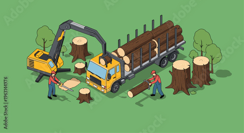 Heavy machinery and workers engaged in logging operations with a yellow crane truck and felled timber in a green forest area.