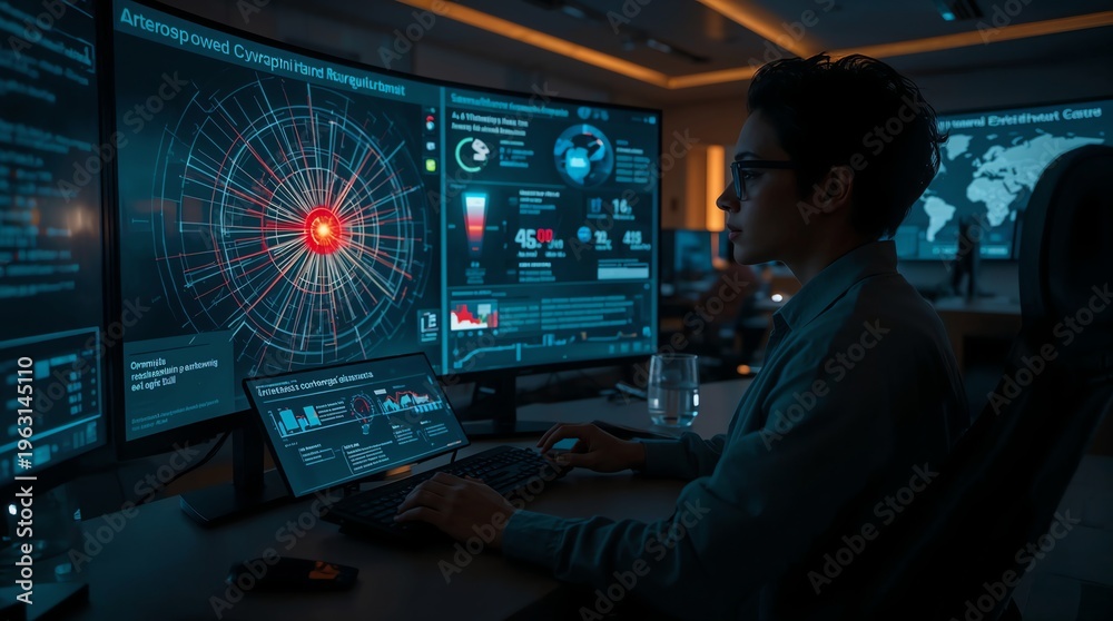 Fototapeta premium Focused Analyst Monitoring Complex Data Visualization in Dark Control Room