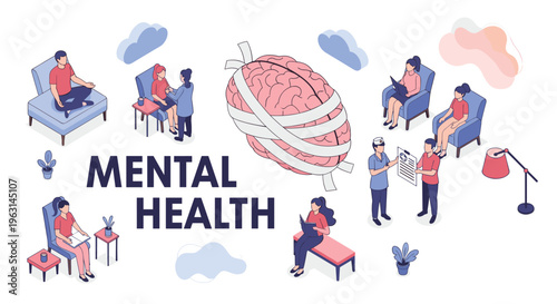 Mental health concept featuring a giant brain wrapped in bandages surrounded by people participating in various therapy activities.