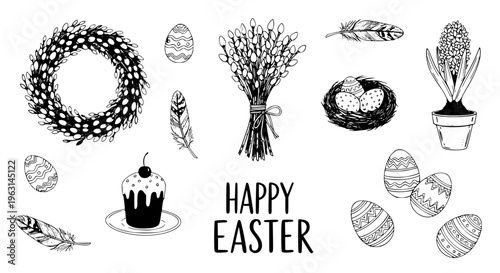 Scattered Hand Drawn Easter Elements Collection with Wreath Willow Bouquet Eggs Cake and Feathers Vector