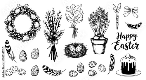 Hand Drawn Easter Design Elements Set with Wreath Willow Bouquet Eggs Cake Feathers and Hand Lettering Vector