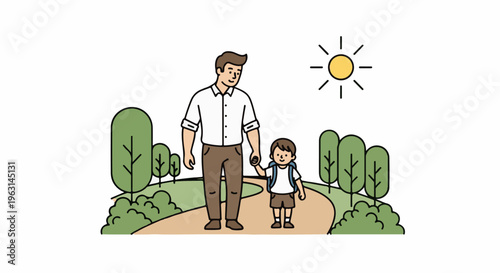 Father and son walk hand-in-hand on a sunny day past trees