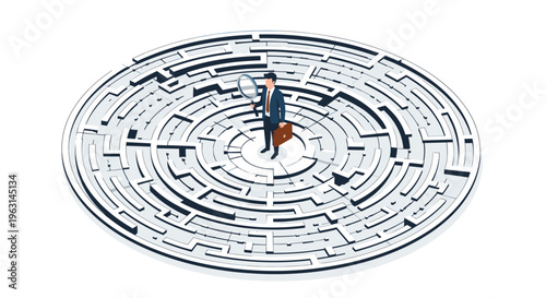 Businessman standing at the center of a large circular maze with a magnifying glass and briefcase while searching for the exit.