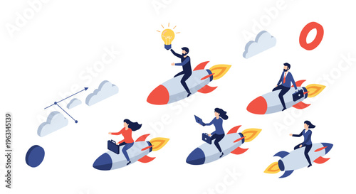 Group of business people flying through the clouds on red and white rockets, symbolizing rapid startup growth and innovation.