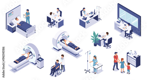 Comprehensive collection of isometric medical icons and scenes including MRI scans, doctor consultations, and hospital patients.