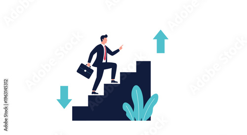 Businessman in a suit climbing a set of stairs towards an upward pointing arrow, symbolizing career advancement and success.