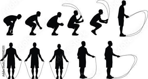 Jump rope silhouette set, man skipping rope workout, fitness exercise collection, cardio training poses, athlete jumping, skipping rope motion illustration