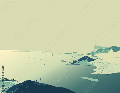  Composición estilizada de mar y tierra con formas simples y colores suaves.
