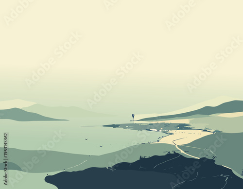  Vista amplia de costa con curvas suaves y tonos naturales en estilo minimalista.
