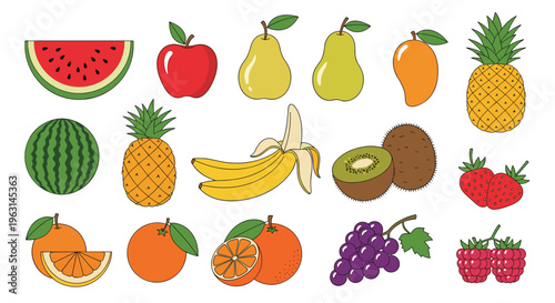 Variety of colorful fruit illustrations including watermelon, apple, pear, mango, pineapple, banana, kiwi, berries, and oranges.