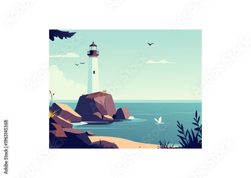  Faro en costa rocosa con aves sobre el mar en estilo gráfico decorativo.
