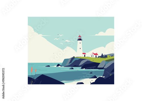  Costa con casas y mar en estilo gráfico con colores suaves y composición limpia.
