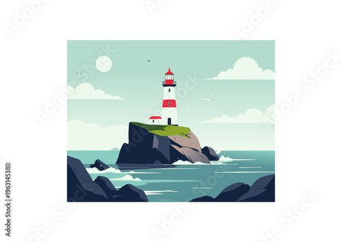  Faro sobre acantilado rodeado de mar en composición gráfica limpia.

