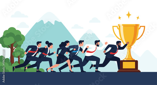 Diverse business professionals racing towards a large golden trophy cup with high mountains and a blue sky in the background.