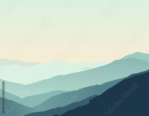  Montañas en capas con tonos suaves creando paisaje minimalista y calmado.
