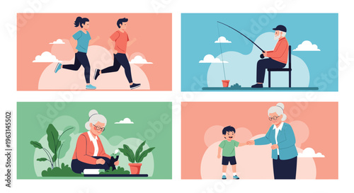 Four panels showing a healthy and active lifestyle with people jogging, fishing, gardening, and spending time with family.