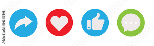 Modern social media icon set including like, share, heart, and comment symbols in colorful circle style. vector illustration