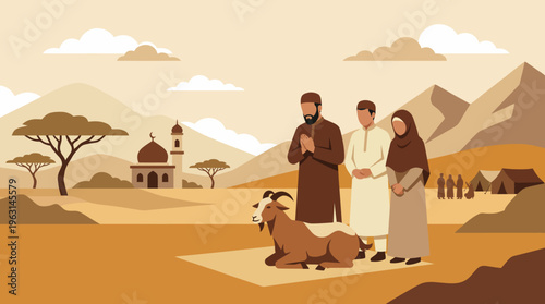 Muslim Family Praying with a Goat During Eid alAdha Celebration.