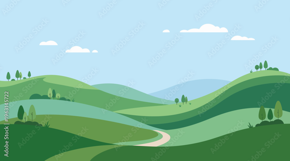 Fototapeta premium Rolling Green Hills Under a Blue Sky with White Clouds.