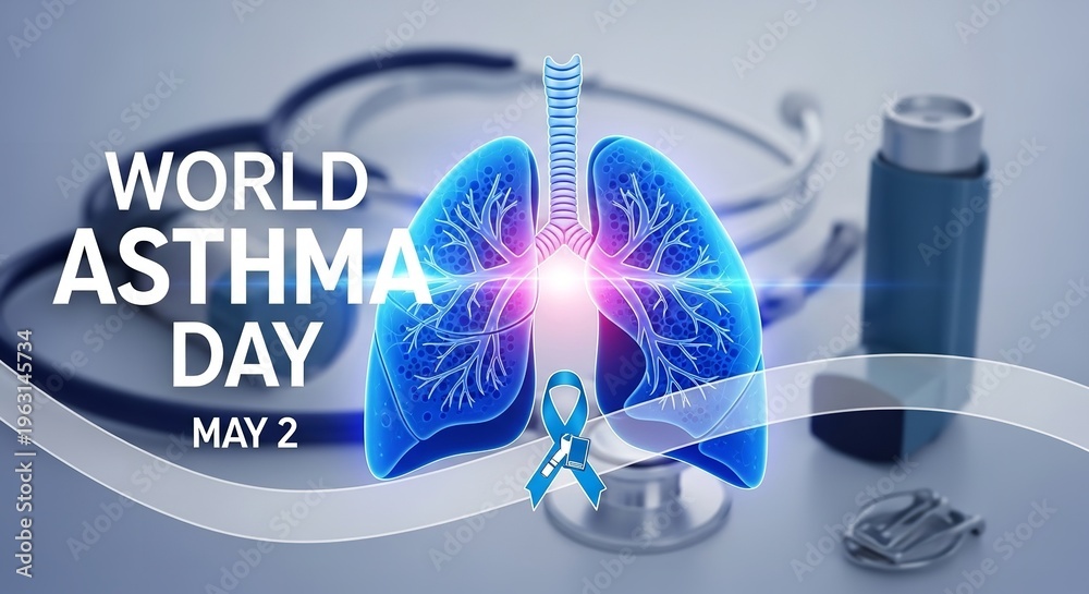 Fototapeta premium A medical illustration for World Asthma Day on May 2, featuring a stethoscope, inhaler, and glowing blue lungs.