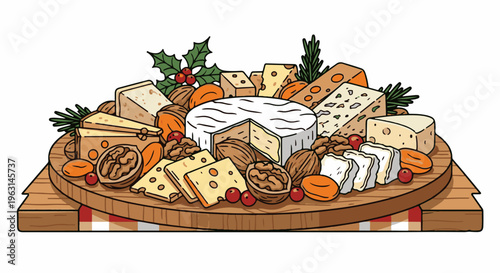 Festive cheese platter with assorted cheeses, nuts, and berries