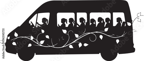 Black silhouette of a minibus with people and leaf