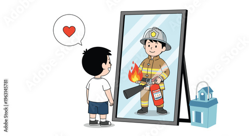 Little boy looking into a mirror and seeing himself as a brave firefighter holding a fire extinguisher and a flaming torch.