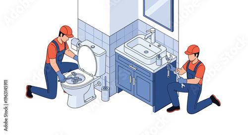 Professional plumbers in orange uniforms working on a toilet and sink installation in a modern bathroom with various tools.