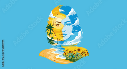 Face depicts contrasting landscapes sunny beach meets cloudy skies