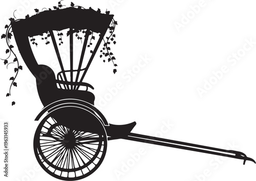Black silhouette of a rickshaw with vines on the roof