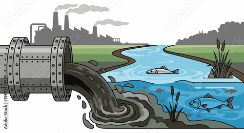 Factory pipe pollutes river, harming aquatic life with dark waste