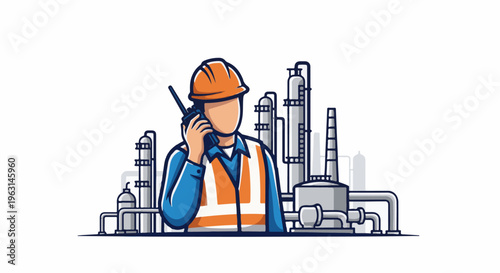Factory worker in hard hat with communication device and industrial complex