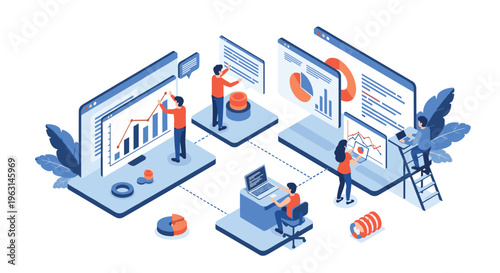 Data analysis team working on multiple computer monitors displaying various business graphs, charts, and information.