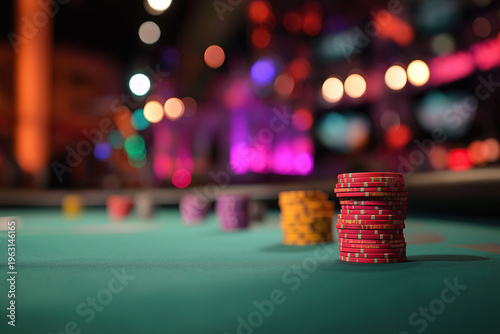 Stacked red casino chips on green felt with colorful neon bokeh lights in background.
