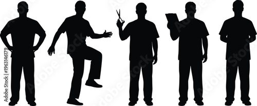 Medical doctor silhouette set with scrubs, nurse holding scissors and clipboard, surgeon dancing and standing, healthcare professional, hospital staff, worker