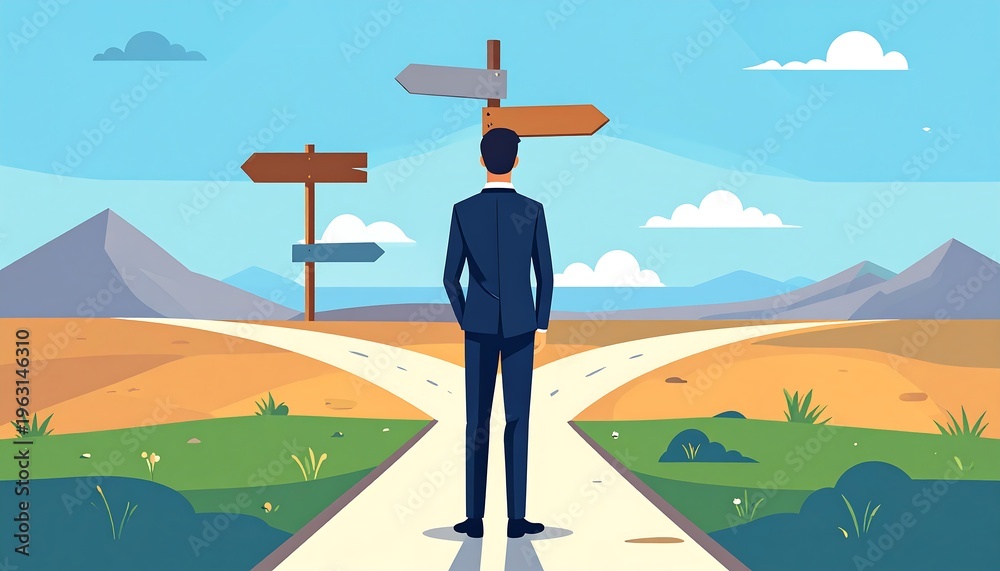 Obraz premium A suited man stands on a forked road with signposts