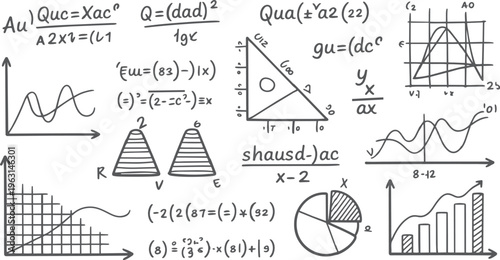 Hand drawn collection of mathematical equations graphs and geometric shapes in dark grey on white mathematics