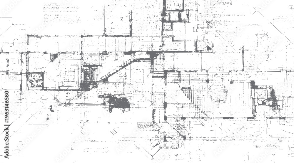 Obraz premium Detailed architectural blueprint with grey lines and dots on white background showing complex layout and structures