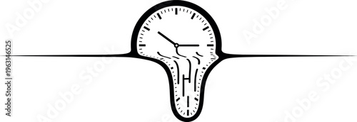 Melting Clock Surreal Concept - Black and White Minimalist Vector Illustration of Dripping Watch Symbolizing Time Passing, Stress, and Distorted Reality