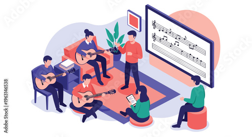 Music teacher conducts group guitar lesson using digital screen with musical notes to instruct enthusiastic students.