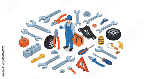 Skilled automotive mechanic stands surrounded by various car repair tools like wrenches pliers and hydraulic jacks.
