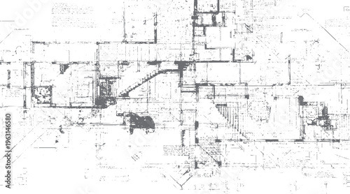 Detailed architectural blueprint with grey lines and dots on white background showing complex layout and structures