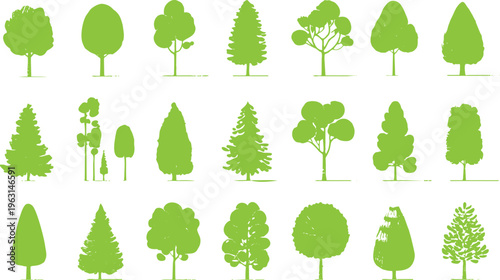 Collection of green tree silhouettes with varied shapes and textures on white background nature plant