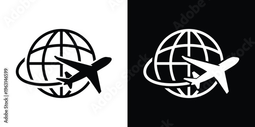 Global travel icon featuring an airplane flying along an orbital path around a globe. Ideal for international tourism, air cargo logistics, global aviation, and vacation booking themes.