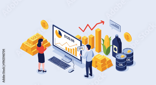 Market analysts monitor global commodity prices for gold oil and corn on desktop computer screen with data charts.