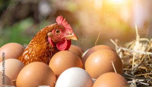 A Hen Guarding a Basket of Freshly Laid Eggs in Natural Sunlight.