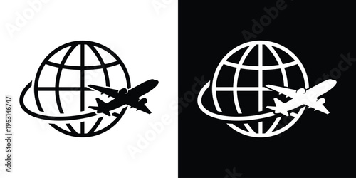 Global travel icon featuring an airplane flying along an orbital path around a globe. Ideal for international tourism, air cargo logistics, global aviation, and vacation booking themes.